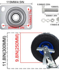 Heavy Duty Pneumatic Rubber Swivel Caster Wheels 8 Inch 4 Pack parts layout featuring mounting plate and secured wheel details.