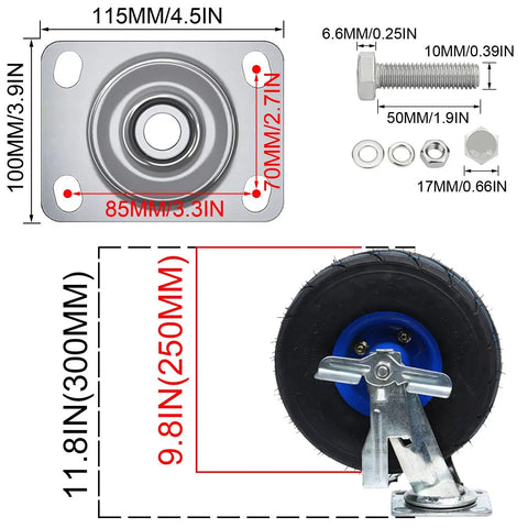 Heavy Duty Pneumatic Rubber Swivel Caster Wheels 8 Inch 4 Pack parts layout featuring mounting plate and secured wheel details.