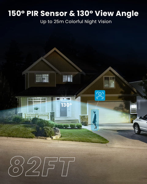 Night view of a house with Wired Floodlight Security Camera With 2K Clarity showing 130° view angle and 150° PIR sensor coverage