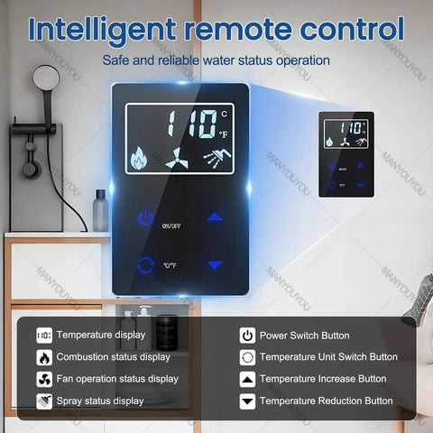 Top Shelf Tankless Propane Water Heater With Remote Control Delivers Instant Hot Water To Your Rig Smooth Sailing For Campshowers And Sink Tasks No Sweat During Weekend Trips remote control interface with temperature and status displays