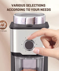 Ayhiro Stainless Steel Flat Burr Coffee Grinder With 14 Precision Settings For Espresso French Press And Drip Coffee Makes 2-12 Cups Electric Bean Mill Kitchen Essential with hand adjusting settings.