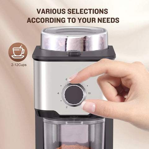 Ayhiro Stainless Steel Flat Burr Coffee Grinder With 14 Precision Settings For Espresso French Press And Drip Coffee Makes 2-12 Cups Electric Bean Mill Kitchen Essential with hand adjusting settings.
