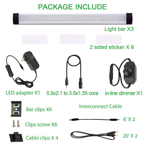 Plug And Play Dimmable Under Cabinet LED Light Bar Kit With Rotary Dimmer Switch components and accessories included