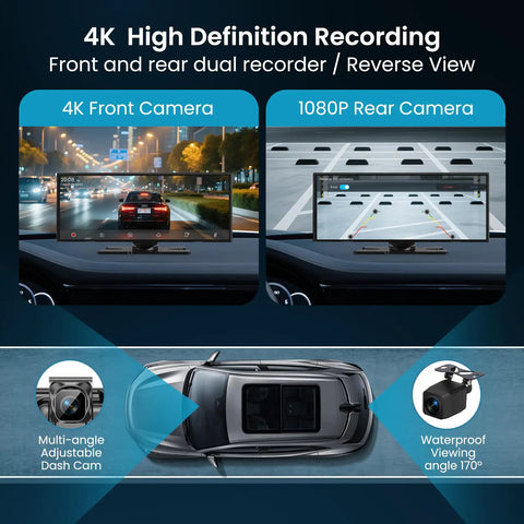 4K front and 1080P rear camera view on Mega 11.5 Inch Wireless CarPlay Screen with Android Auto HD Touchscreen, vehicle dashboard
