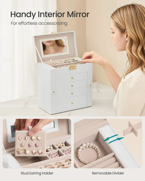 Woman using 5-Tier Jewelry Box Organizer With 4 Drawers Lockable Mirrored Case Cream White, organizing jewelry.