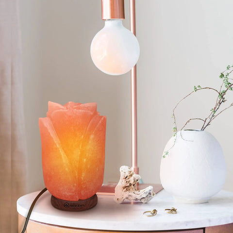 Flower Shape Pink Himalayan Salt Lamp With Wood Base And Dimmer, Handcrafted 7-8 Lbs Rock Lamp on a minimalist table.