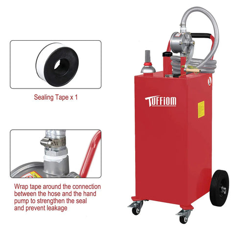 Bad Boy 35 Gallon Portable Gas Caddy with rugged wheels, manual siphon pump, and long hose for easy fuel transfer.
