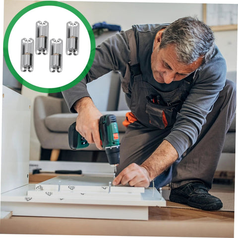 4-pack screw-on metal cabinet hinges; silver finish being installed on a white cabinet door with a drill.