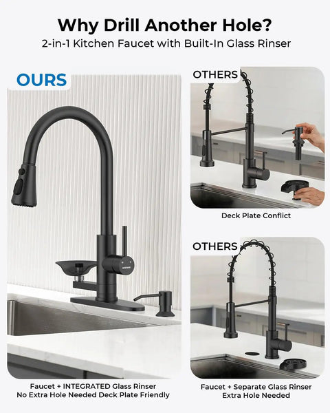 Kitchen Faucet with Glass Rinser, Pull Down Sprayer, 3 Water Modes, showcasing integrated design for space efficiency.
