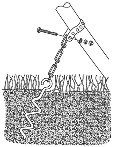 Diagram of Auger Style Ground Anchor Kit for backyard swing sets showing installation in soil, includes hardware.