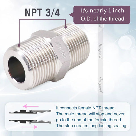 Stainless steel NPT 3/4 hex pipe fitting close-up with 1 in O.D. male threads for gas, water and air connections