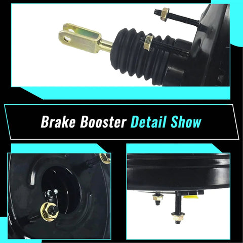 Built Tough Replacement Vacuum Power Brake Booster For Ford Edge Lincoln MKX Mazda Cx9 2007 To 2015 35l 37l V6 Direct Swap No Extra Parts Needed Black Steel close-up of connectors and diaphragm.