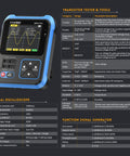 Go To All In One Handheld Oscilloscope With DDS Signal Generator And Transistor Tester, 500 kHz Bandwidth, 10 MSa Per Second Sampling, Six Waveforms, Built In Battery And 2.4 Inch TFT Display showing waveform and specifications chart