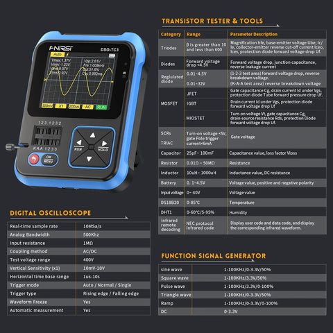 Go To All In One Handheld Oscilloscope With DDS Signal Generator And Transistor Tester, 500 kHz Bandwidth, 10 MSa Per Second Sampling, Six Waveforms, Built In Battery And 2.4 Inch TFT Display showing waveform and specifications chart