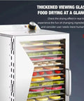 Heavy Duty Commercial Food Dehydrator 18 Trays Stainless Steel Snack Dryer with viewing glass door and colorful fruit slices inside.