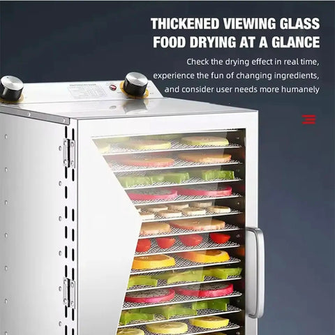 Heavy Duty Commercial Food Dehydrator 18 Trays Stainless Steel Snack Dryer with viewing glass door and colorful fruit slices inside.