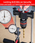 Portable Drill Guide With Angle Stops From -60 To 60 Degrees, Adjustable Drill Press Jig And 1/2 Inch Self Locking Chuck, Lets You Drill Straight Or Angled Holes With Precision And Confidence, Ideal For DIY Projects: close-up of 1/2 inch drill chuck and measuring gauges.