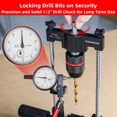 Portable Drill Guide With Angle Stops From -60 To 60 Degrees, Adjustable Drill Press Jig And 1/2 Inch Self Locking Chuck, Lets You Drill Straight Or Angled Holes With Precision And Confidence, Ideal For DIY Projects: close-up of 1/2 inch drill chuck and measuring gauges.