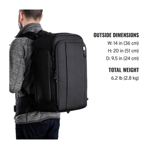 Person wearing Carry On Camera Backpack For DSLR And Mirrorless Gear With Space For 2 Cameras, 6 To 8 Lenses on back