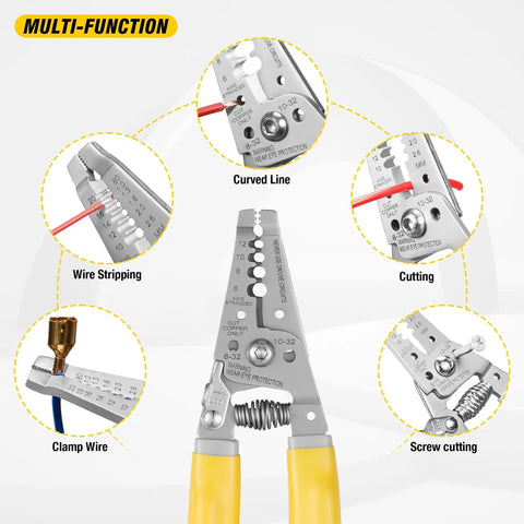 7 Inch Wire Stripper And Cutter Tool For 6 To 12 AWG Stranded Wire Crimping Pliers demonstrating wire stripping and cutting features