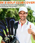 Golfer holding bag with 3 Piece Golf Head Cover Set For Driver And Fairway Woods With Long Neck Mesh Breathable Design in blue.