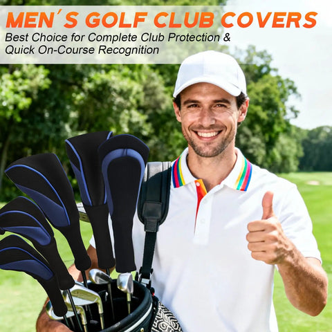 Golfer holding bag with 3 Piece Golf Head Cover Set For Driver And Fairway Woods With Long Neck Mesh Breathable Design in blue.
