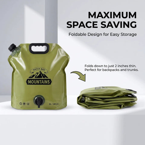 2 Gallon Collapsible Water Container With Spigot And Measurement Scale Portable Foldable Water Jug For Camping RV Hiking And Emergency Prep Space Saving Go To Water Storage Bag displayed on a table.