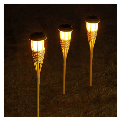 Bamboo Solar Torch Light Outdoor Garden Pathway Landscape Spike Spotlight Tiki Torch With Warm White LEDs Auto On Off By Light Sensor No Wiring 60cm Handcrafted Patio Lighting Ten Pack