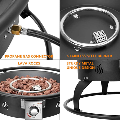 Outdoor Propane Fire Pit 22 Inch Smokeless Portable Fireplace with 12 Foot Hose and Lava Rocks for Patio Backyard Bonfire Camping RV Tailgating Beach Party 55000 BTU showing stainless steel burner and propane gas connector, featuring lava rocks and sturdy metal design.