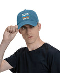 Man wearing Low Profile Lightweight Cyan Blue Cap Unisex Hat With Adjustable Buckle For Women And Men Breathable Everyday Comfy All Day Wear