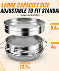 Double Mesh Honey Strainer for Beekeeping, Coarse Top Screen and Fine Bottom Screen Filter, 9x14 Inch Fits 5 Gallon Bucket shown with measurements.