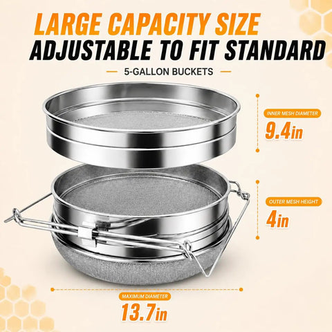 Double Mesh Honey Strainer for Beekeeping, Coarse Top Screen and Fine Bottom Screen Filter, 9x14 Inch Fits 5 Gallon Bucket shown with measurements.