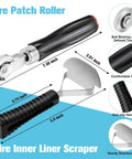 Heavy Duty Tire Patch Kit with 32mm, 45mm, 58mm patches, patch roller, inner liner scraper with measurements and features detailed.