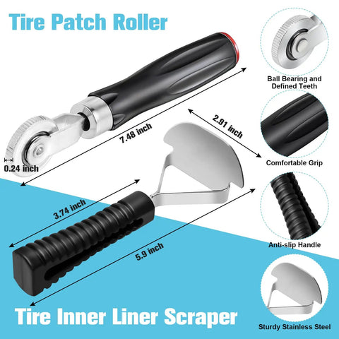 Heavy Duty Tire Patch Kit with 32mm, 45mm, 58mm patches, patch roller, inner liner scraper with measurements and features detailed.