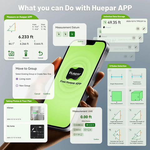 Bluetooth Green Laser Measuring Tool With 395 Ft Range S120-G-BT, No Fuss Smart App Control For Quick Measurements, Instant Phone Sync, Group Data Access, Annotated Photos, And Easy Sketching. Phone app screens