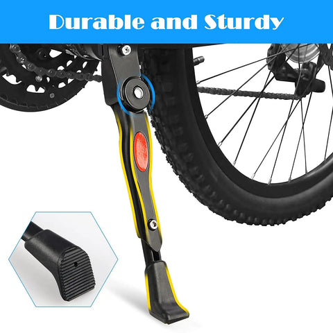 Adjustable Bicycle Kickstand With Built In Bike Bell For 22, 24, 26 Inch Kids Bikes And MTB Road And Mountain Rides, Heavy Duty Aluminum Alloy Stand That Grips Wet Or Muddy Ground With No Fuss Or Wobble, highlighted anti-slip features.