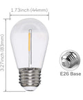 Close-up of Edison vintage bulb with dimensions, 3.27 inches tall, E26 base, part of Weatherproof Outdoor Cafe String Lights 48 Ft Per Strand Linkable End To End Up To 1920 Ft With Edison Vintage Bulbs 15 Hanging Sockets Heavy Duty Commercial Grade For Patio Garden Bistro Vibe.