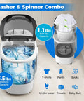 Compact Portable Washing Machine With Separate Spin Tub And Quick Drain Hose, 5.5 Lb Mini Laundry Washer For Apartments Dorms And RV Homes, Grey with indicated capacities.