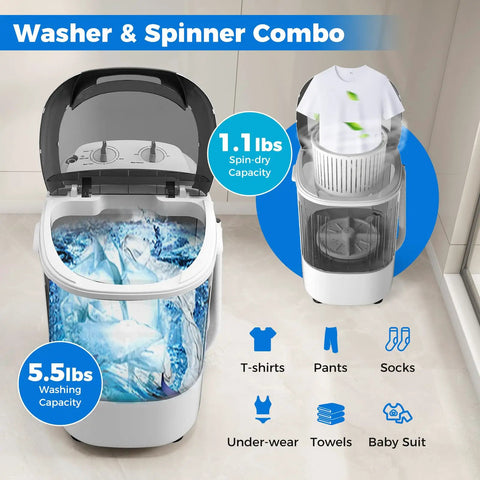 Compact Portable Washing Machine With Separate Spin Tub And Quick Drain Hose, 5.5 Lb Mini Laundry Washer For Apartments Dorms And RV Homes, Grey with indicated capacities.