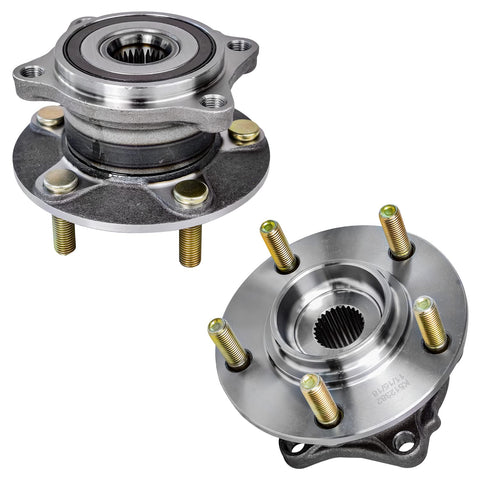 AWD 4-Piece Wheel Bearing Hub Kit For Mitsubishi Lancer 2008-2015 Front And Rear 5-Bolt Hubs With Encoder ABS Includes Driver And Passenger Sides Replacement, front and side view
