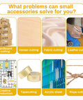 Image showing various cutting tasks like cardboard, veneer, fabric, leather, and rope with small accessory applications.