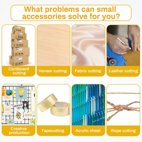 Image showing various cutting tasks like cardboard, veneer, fabric, leather, and rope with small accessory applications.