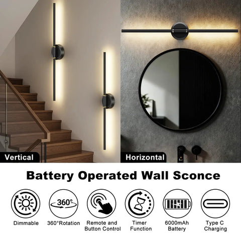 Premium Rechargeable LED Wall Sconces Set Of Two With Remote Control Hella Bright Dimmable Lamps with 6000mAh Battery in vertical and horizontal designs.