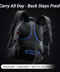 Heavy Duty Built Tough 17 Inch Laptop Backpack For Men And Women, Flight Approved Carry On Size, vent design with blue accents