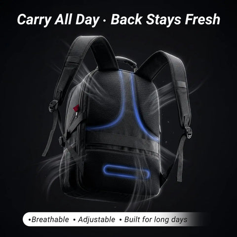 Heavy Duty Built Tough 17 Inch Laptop Backpack For Men And Women, Flight Approved Carry On Size, vent design with blue accents