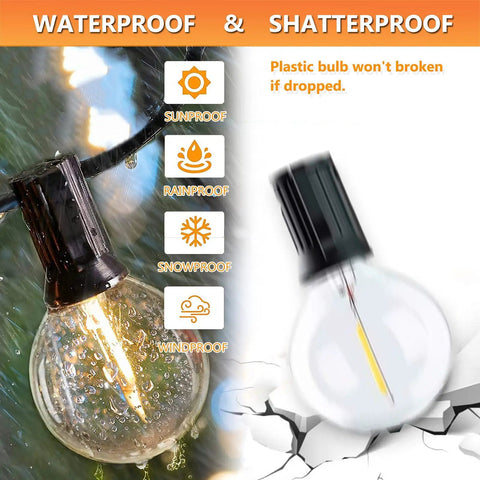 Ultra Long G40 Outdoor String Lights 200Ft With 105 Shatterproof LEDs 5 Spare Waterproof shown wet and intact