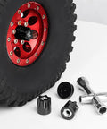 4 Pack Aluminum RC Car Wheel Center Cap Adapters With M4 Nuts, CNC Machined And Anodized Black on red wheel, 1/10 scale