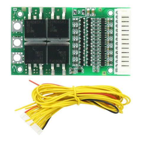 Premium Lithium Ion Battery Management Module For 6S Through 13S Packs with charging control and wires visible.