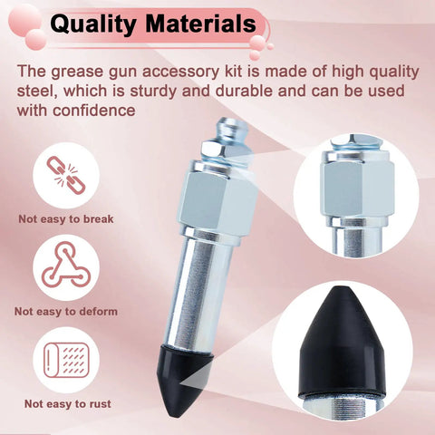 Close-up of a durable steel needle from the 7Pcs Grease Gun Needle Tips Kit with 5 nozzles, highlighting rust-resistant feature.