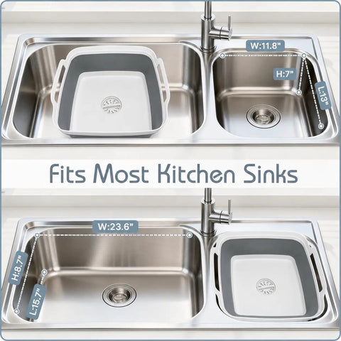 2.4 Gallon Collapsible Dish Basin With Drain Plug For Camping, RV, And Outdoor Use placed in kitchen sink showing fit dimensions